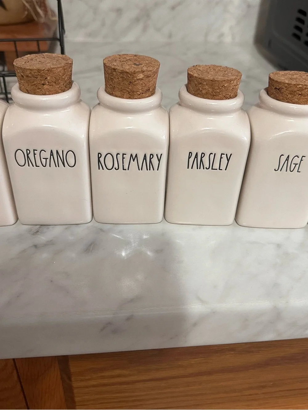 Rae Dunn White Ceramic Spice Jar Set with Cork Lids and Black Wire Rack